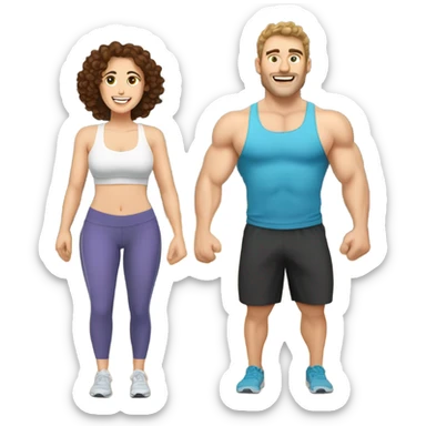 In a gym  husband with white skin and brown hair and wife with white skin and brown curly hair  sticker
