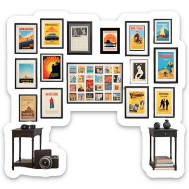 Icon for Photograph and Poster Collecting: a collection of photographs and movie posters, neatly displayed on a wall or in frames. The icon should evoke the nostalgia and artistic value of collecting rare images and posters. Transparent background. sticker