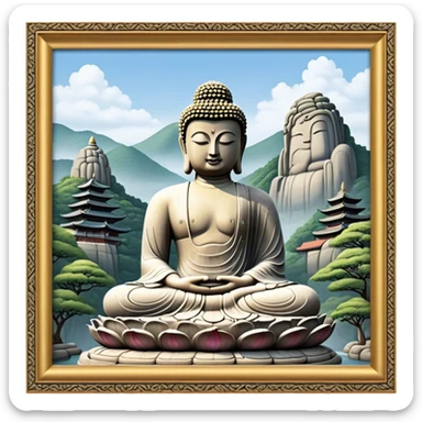 Cinematic Realistic image of the Big Buddha Monument of Sinheungsa Temple, portrayed as a towering, serene Buddha statue carved from weathered stone with intricate details and a gentle meditative expression, set within an ancient temple landscape enveloped in soft, ethereal lighting that underscores its spiritual majesty. sticker