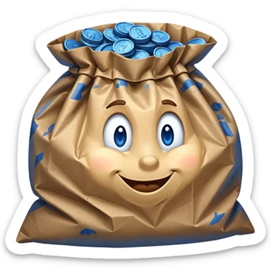 brown bag of blue coins sticker