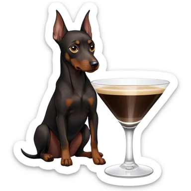 Black Miniature Doberman with cropped ears, sitting in an espresso martini glass sticker