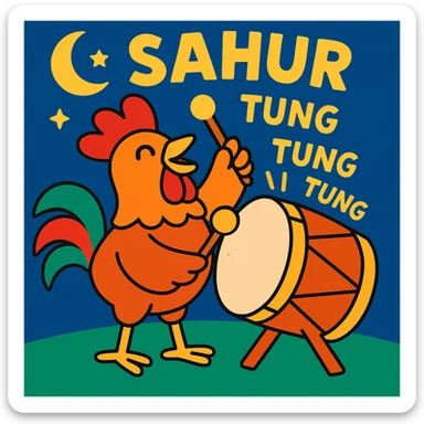 cute rooster with a drum beating it with 'tung tung tung' sound effects, celebrating sahur, bright and joyful sticker
