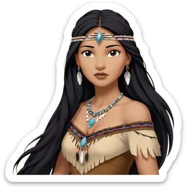 Cinematic Realistic Pocahontas Portrait, depicted with lifelike skin texture, soft natural lighting, and intricately detailed long, flowing raven-black hair that moves gracefully in the wind. Her deep, soulful dark brown eyes exude wisdom and strength, complemented by a serene yet powerful expression. She is dressed in her classic one-shoulder native american dress, with rich fabric textures and delicate beaded details that catch the light beautifully. The portrait features a soft, sun-kissed glow with a natural, radiant finish, capturing the essence of untamed beauty and deep connection to nature in a realistic and painterly style, evoking a sense of depth and authenticity. sticker