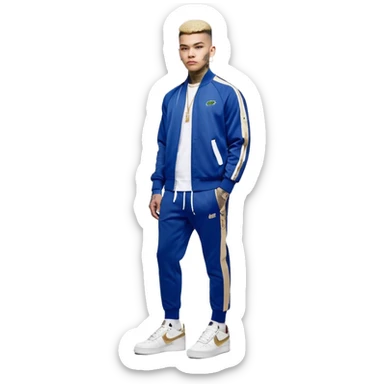 Capelli rasati ai lati con sfumatura, sopra corti e fissati con gel. Look curato e deciso. Indossa tuta firmata (Nike, Adidas, Lacoste, EA7) o jeans skinny, scarpe vistose come Air Force 1. Sempre presenti borsello a tracolla e collana d’oro E tatuaggi d’appertutto a mezzo busto sticker