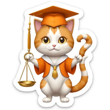 cat wearing a graduation cap, holding the scales of justice up with its tail sticker