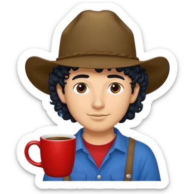 Ranch hand with blue hat and coffee mug, curly black hair, red shirrt sticker