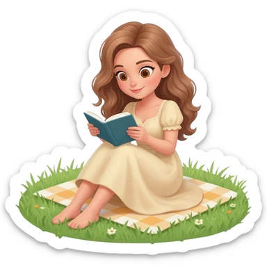 detailed emoji scene of a woman with long light brown wavy hair and light brown eyes reading a book while sitting in the grass, peaceful picnic atmosphere, emoji style illustration sticker