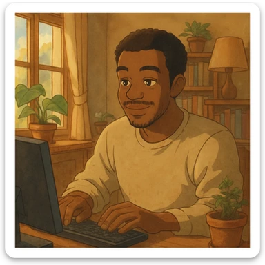 A black man working on a computer, Ghibli style, warm and inviting, soft lighting, expressive face, detailed background. sticker