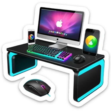 rgb gaming computer on black desk with a black keyboard and mouse sticker