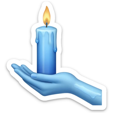 A blue candle held by a hand only not a person, at 45 degree angle, wax dripping down sticker