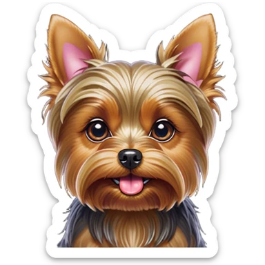 Cinematic Comical Yorkshire Terrier Portrait Emoji, Head tilted dramatically with an exaggeratedly surprised, comical expression and wide, expressive eyes, featuring a perky, well-groomed fur in rich hues, simplified yet hilariously detailed, glowing with a bold, sassy radiance, high shine, exuding playful mischief and cheeky terrier attitude, styled with a soft glowing outline, capturing the essence of a Yorkshire Terrier that appears ready to comically dash out of the frame! sticker