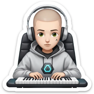 Hair: Faded buzzcut with geometric temple design Face: Puffy eyes, earphone indent on cheek Clothes: Hoodie with "DEV TEAM" logo in cracked print Action: Slumped in chair with glowing keyboard WASD keys sticker