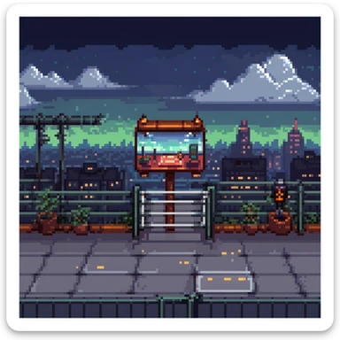 Pixel art rooftop at night, helipad, fence, distant city lights, glowing billboard, cloudy sky, 9:16 vertical scene, side view, retro 2D fighting game background
 sticker
