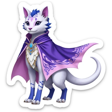 Kawaii white, indigo, purple, pink cute beautiful pretty elegant divine edgy feline-vernid-sergal-Haku-dragon-fursona-animal-creature, full body, with intricate detailed markings, Embroidered capelet, silken shawl sticker