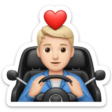 Man driving a car, with a heart above his head sticker