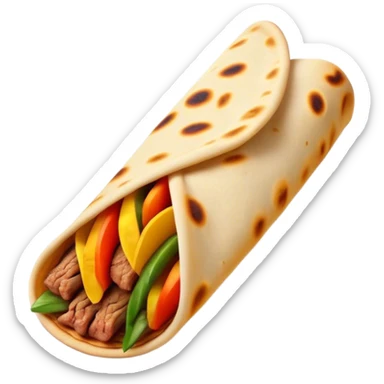 Cinematic Realistic Shawarma Dish Emoji, showcasing spiced, succulent meat wrapped in flatbread with fresh vegetables rendered with lifelike detail and dynamic, appetizing lighting. sticker