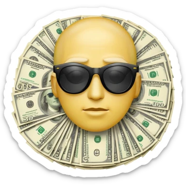 yellow head emoji with dollar bills for eyes, wearing slightly transparent black sunglasses, money symbols on face sticker