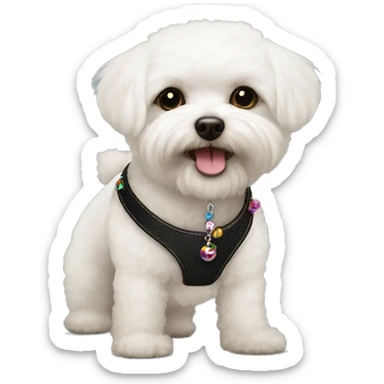 One Small furry Black bichon with one  colorful bead necklaces with brown harness sticker