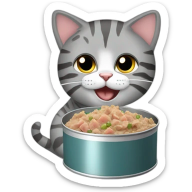A gray stripped tabby cat eating can of tuna sticker
