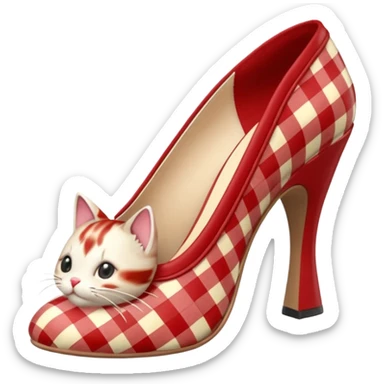 Cottagecore deep red and cream Gingham plaid,  kitten high heel mules, 3D rendering, isolated, side view. Not emoji icons, no emoji faces, no human figures, 300 dpi, professional 4k hd quailty  sticker