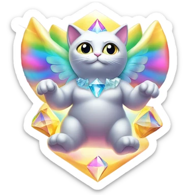 Transcendent Heavenly Rainbow 4d Diamond ultra mega surpream Omni-Cat God with wings and a ring around its body and another ring above it’s head full body sticker