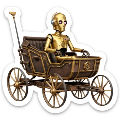Old American West tarnished C-3PO bounty hunter in 1854 delicately ornate rosegold accents painted buggy buckboard wagon powered by electric motors and batteries with safety features and belts flying rapidly across rough dusty terrain stable on strong agile futuresteampunk suspension and steering  sticker