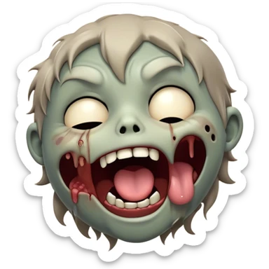 Cinematic Cute Yawning Zombie Portrait Emoji, with a delightfully quirky, slightly disheveled face in muted ashen tones, head tilted back in a big, funny yawn that reveals quirky stitches and playful gaps, simplified yet irresistibly charming, highly detailed with a soft, eerie glowing outline capturing the sleepy, offbeat vibe of a zombie taking a nap! sticker