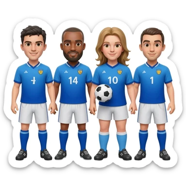 4 soccer players of the same team in blue jersey playing soccer together sticker