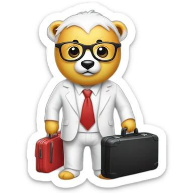 A professor with white suit and red tie and a panda face eating a hotdog and holding a black suitcase sticker