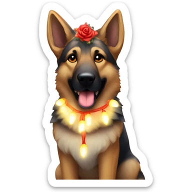 Brindled German shepherd fox carrying glowing red lantern, fairy lights, rose flower crown sticker