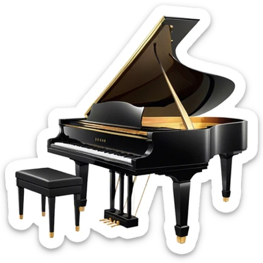 Cinematic Realistic Piano, glossy black grand piano with elegantly curved edges, pristine white and black keys, soft golden light reflecting off its polished surface, faint reflections of a musician’s hands, glowing with refined elegance and musical depth. sticker