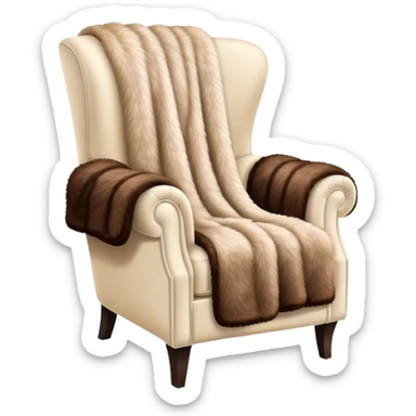 Luxury brown fur throw blanket on plush cream-colored modern armchair  sticker