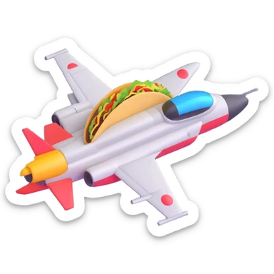 Top Gun-style jet fighter carrying a taco emoji, dynamic angle, playful and bold sticker