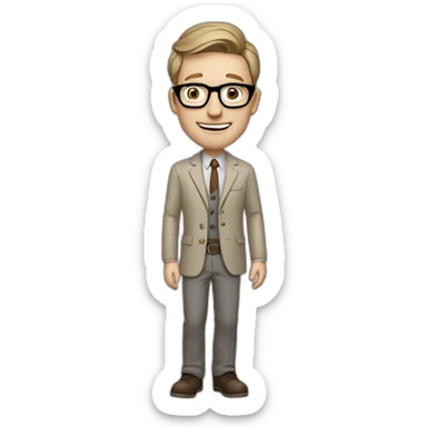 Crickering Pale skinned Fit Man With dark brown hair in gray jacket, beige office shirt, Brown pants and vintage glasses In the joke cap sticker
