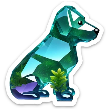 A dog made entirely of glass mirror crystals prisms glass transparent filled with plants as a terrarium sticker
