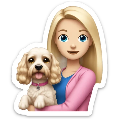 straight blonde hair and dark blue eyed girl wearing pink holding a white and brown cockapoo dog sticker