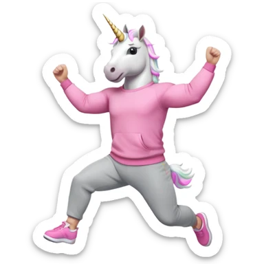 friendly anthropomorphised male white unicorn with a fit, chunky, muscular and strong physique, arms and legs matching the white of the head, wearing grey tracksuit pants and pink jumper, sunglasses, jumping for joy sticker