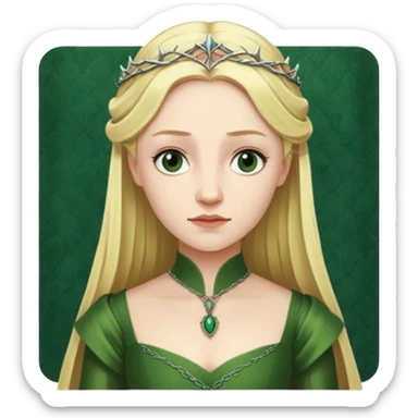 Elizabeth Woodville is the queen of York and looks like a blonde Rebecca Ferguson. She is wearing a green dress and looks like a Game of Thrones Character sticker