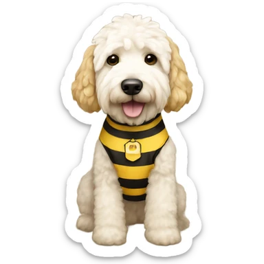 A white and cream golden doodle in a bee outfit  sticker