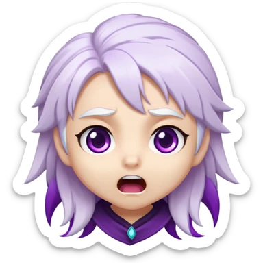 Chibi Sable Ward with shocked expression, wide purple eyes, mouth in an O shape, white hair with purple streaks, surprised look sticker
