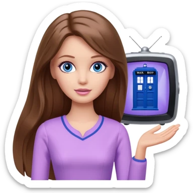 beautiful barbie girl with long brown hair, blue eyes and wearing light purple clothes watching dr who on tv sticker