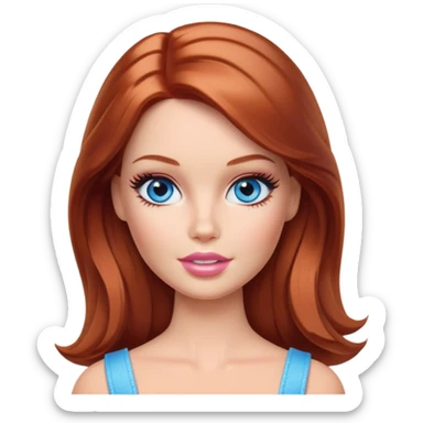A Barbie face blue eyes with shoulder-length reddish brown hair, makeup with cream on face on her head sticker