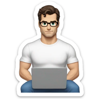 henry cavill clark kent wearing white t-shirt using a laptop front view sticker