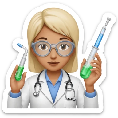 A person wearing safety goggles, a stethoscope, and a white coat. In one hand they hold a test tube containing chemicals and in the other a syringe. sticker