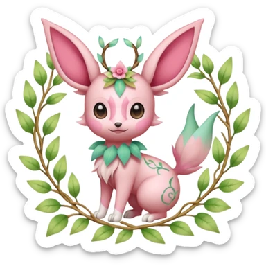 Rosy floral romantic cute Sylveon-Eevee-Celebi-Leafeon-Pokémon-Digimon-Fakémon-hybrid-fusion-creature with vines entangled around sticker