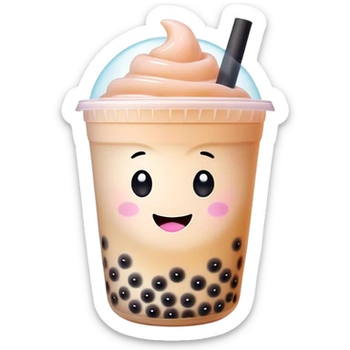 Cinematic pastel-colored bubble tea, chubby cup with a smiling face, tiny black tapioca pearls peeking out, soft glowing background, playful and adorable. sticker