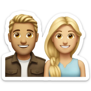 Woman and man smiling, woman has straight Brown hair in a ponytail, slightly sunkissed skin, man has blonde long hair which are in a ponytail, slightly sunkissed skin sticker