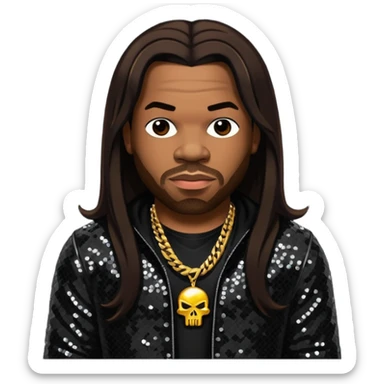Busta Rhymes with long dark brown hair, black sequin outfit sticker