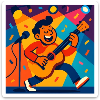 musician performing on stage, vibrant colors, energetic style sticker