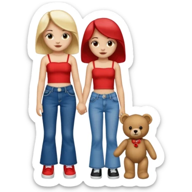 A boy and a girl teddy bear for the boy bear put on true religion shirt and jeans with black shoes and for the girl put flare jeans and a red tube top and white shoes just bears not the humans  sticker